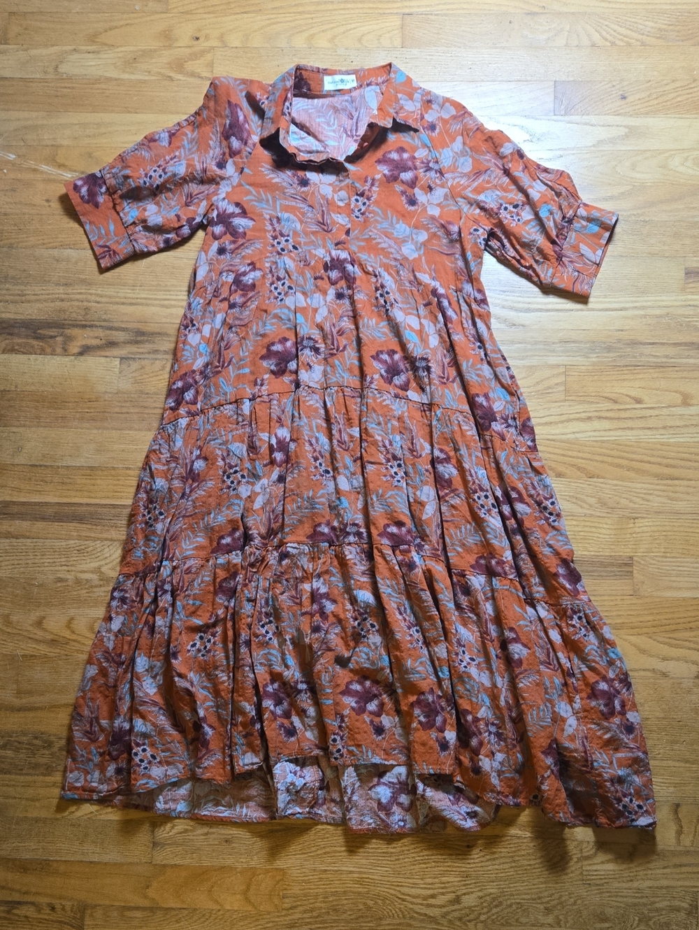 Natural Life Rebecca orange tropical button-front tiered midi shirt dress - Picture 2 of 5